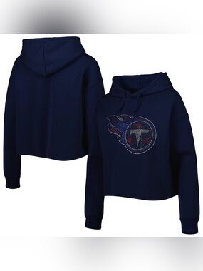 Tennessee Titans Cuce Women's Crystal Logo Cropped Pullover Hoodie - Navy